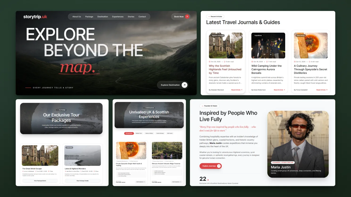 Our first concept: a dark hero reading Explore beyond the map, tour package cards with prices and a travel journal section