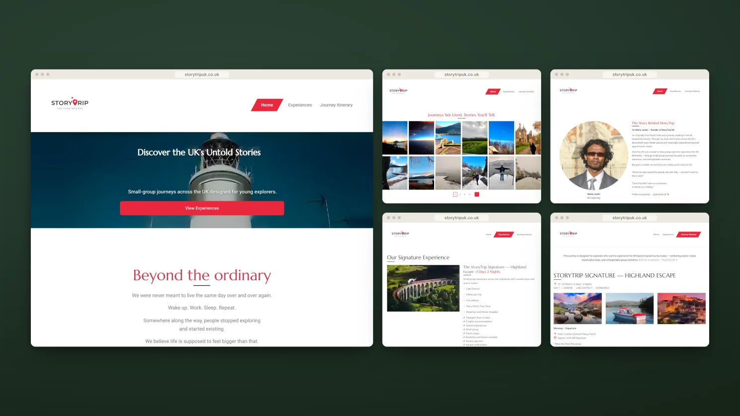 The original storytrip website: a red navigation bar, a lighthouse banner, a photo grid and an itinerary page